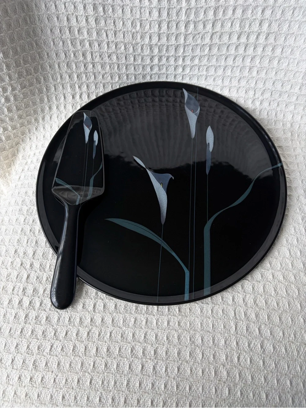 Vintage Mikasa 1975-2002 Opus Black Floral Ceramic Cake Plate & Server